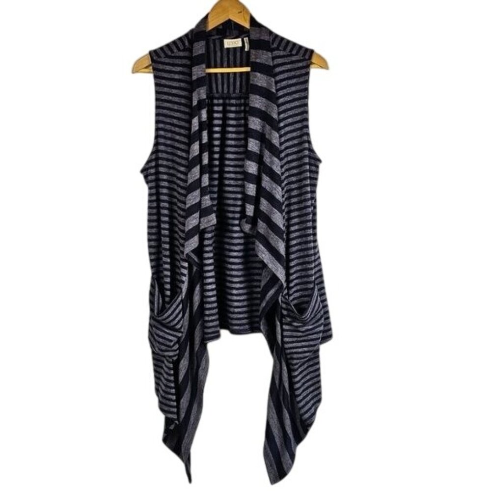 LOGO Lori Goldstein Oversized Knit Cardigan Vest XL Navy Gray‎ Striped Stretch